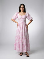Talia Floral Sweetheart Flutter Sleeve Tiered Maxi Dress in Pink