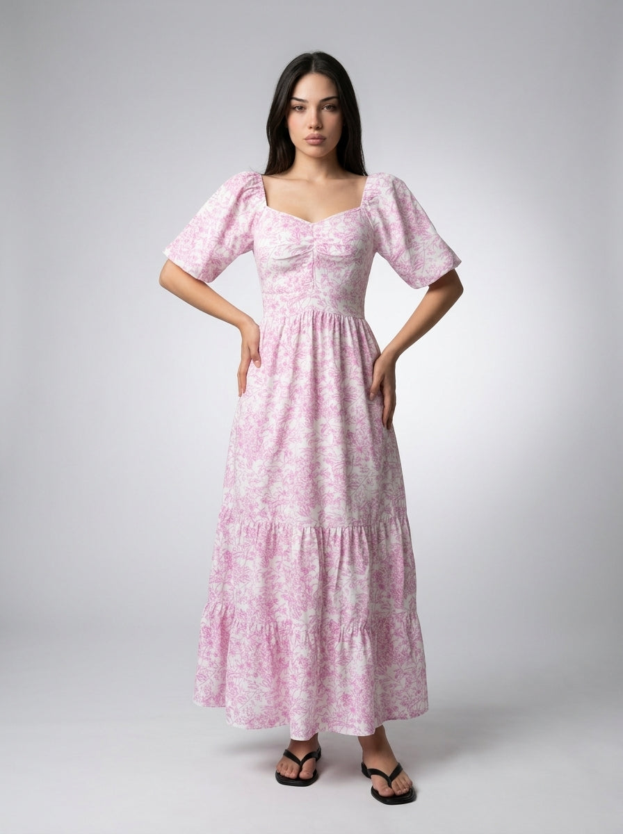 Talia Floral Sweetheart Flutter Sleeve Tiered Maxi Dress in Pink