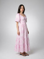 Talia Floral Sweetheart Flutter Sleeve Tiered Maxi Dress in Pink