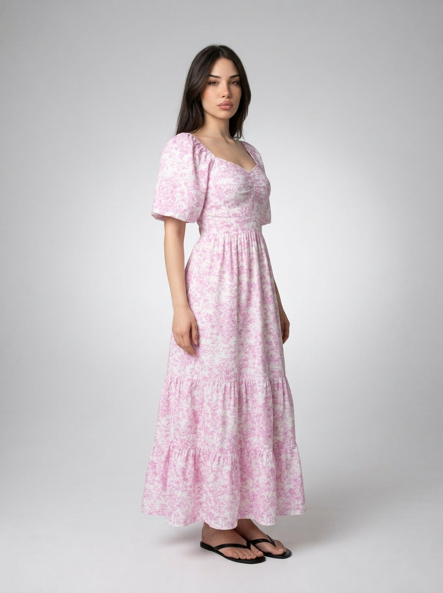 Talia Floral Sweetheart Flutter Sleeve Tiered Maxi Dress in Pink