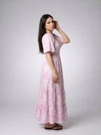 Talia Floral Sweetheart Flutter Sleeve Tiered Maxi Dress in Pink