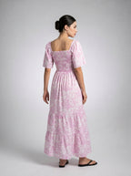 Talia Floral Sweetheart Flutter Sleeve Tiered Maxi Dress in Pink