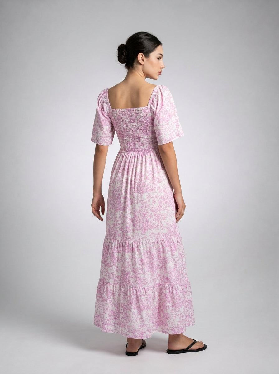 Talia Floral Sweetheart Flutter Sleeve Tiered Maxi Dress in Pink