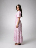 Talia Floral Sweetheart Flutter Sleeve Tiered Maxi Dress in Pink