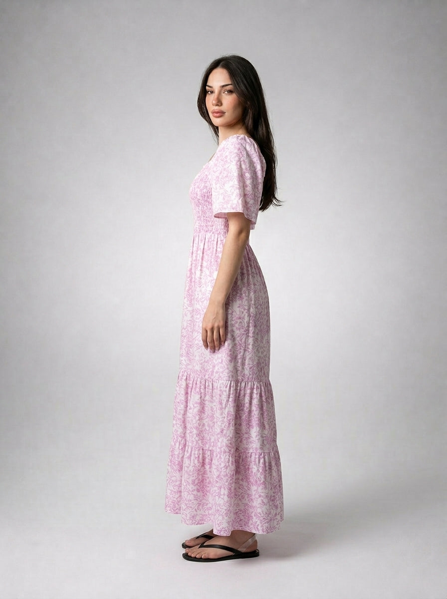 Talia Floral Sweetheart Flutter Sleeve Tiered Maxi Dress in Pink