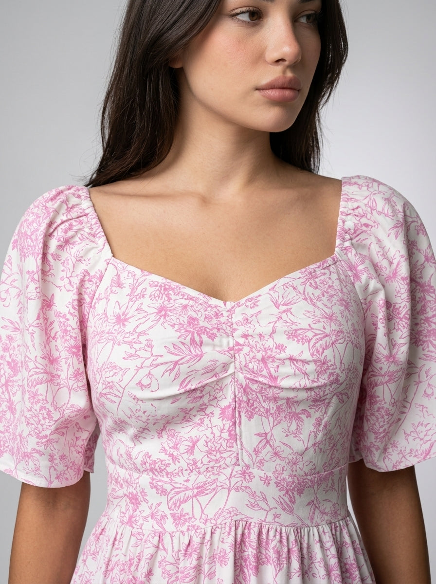 Talia Floral Sweetheart Flutter Sleeve Tiered Maxi Dress in Pink