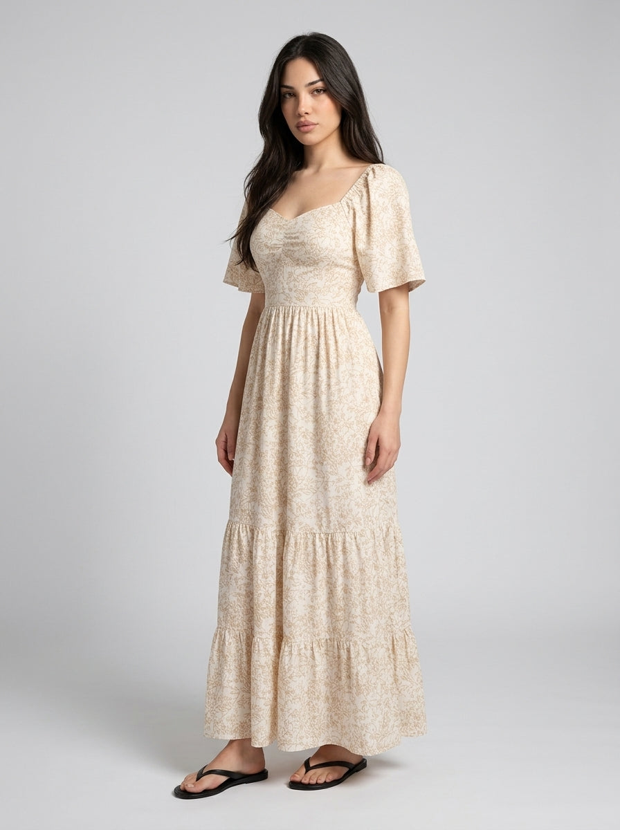 Talia Floral Sweetheart Flutter Sleeve Tiered Maxi Dress in Beige