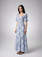 Talia Floral Sweetheart Flutter Sleeve Tiered Maxi Dress in Blue