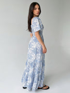 Talia Floral Sweetheart Flutter Sleeve Tiered Maxi Dress in Blue