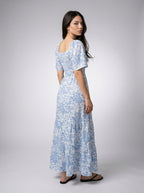 Talia Floral Sweetheart Flutter Sleeve Tiered Maxi Dress in Blue