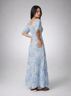 Talia Floral Sweetheart Flutter Sleeve Tiered Maxi Dress in Blue