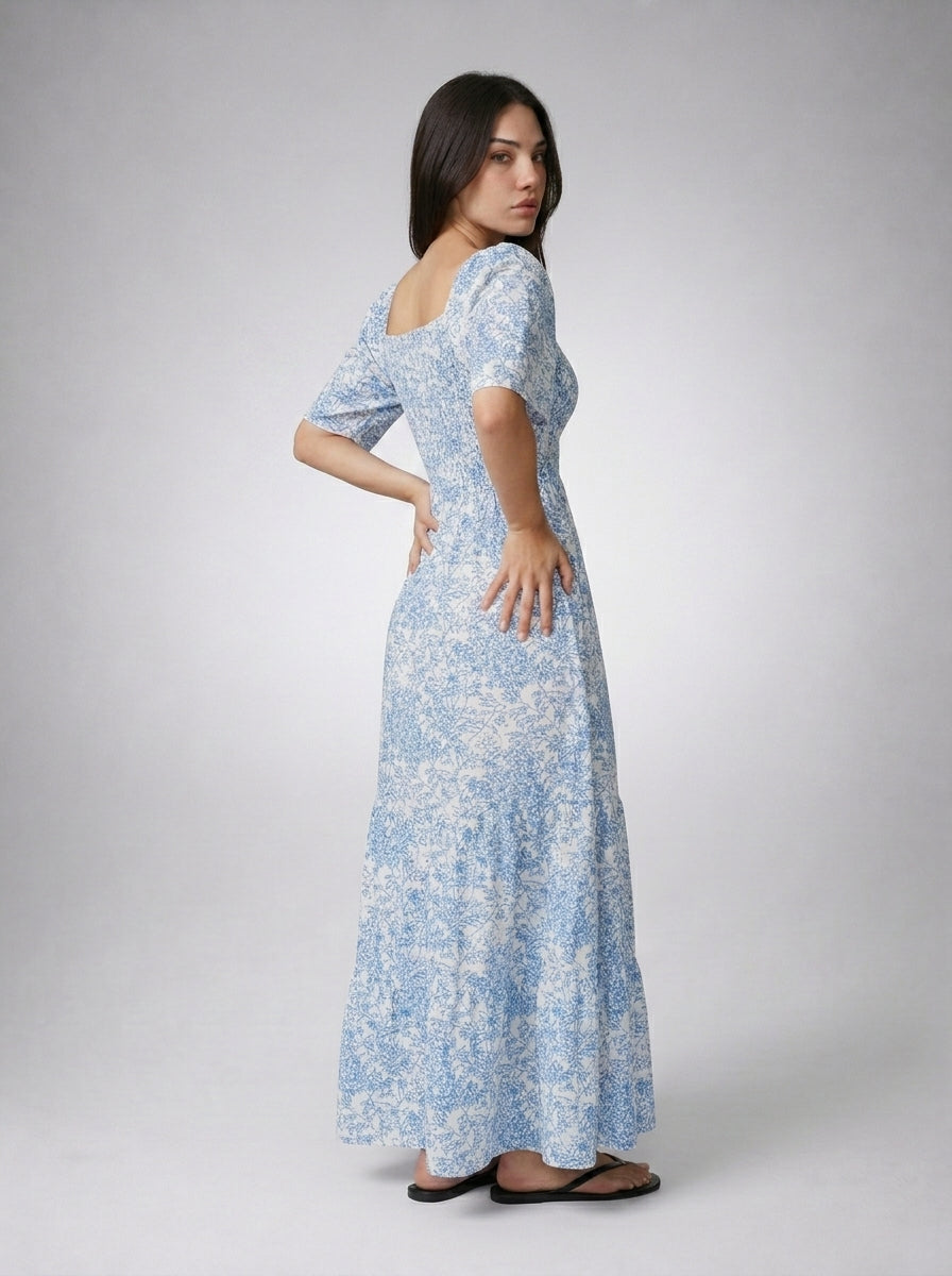 Talia Floral Sweetheart Flutter Sleeve Tiered Maxi Dress in Blue