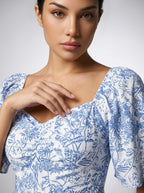 Talia Floral Sweetheart Flutter Sleeve Tiered Maxi Dress in Blue
