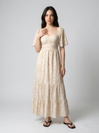 Talia Floral Sweetheart Flutter Sleeve Tiered Maxi Dress in Beige