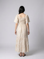 Talia Floral Sweetheart Flutter Sleeve Tiered Maxi Dress in Beige