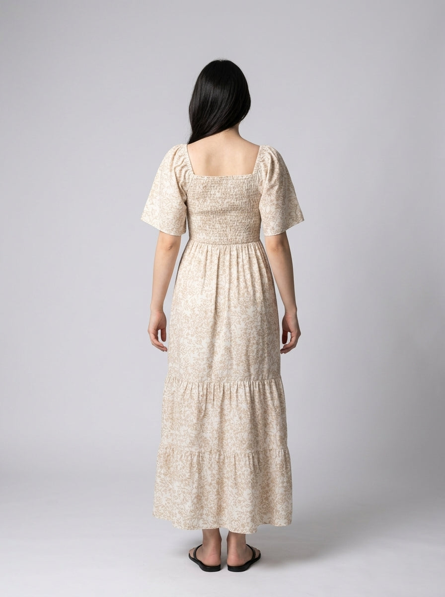 Talia Floral Sweetheart Flutter Sleeve Tiered Maxi Dress in Beige