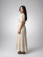 Talia Floral Sweetheart Flutter Sleeve Tiered Maxi Dress in Beige