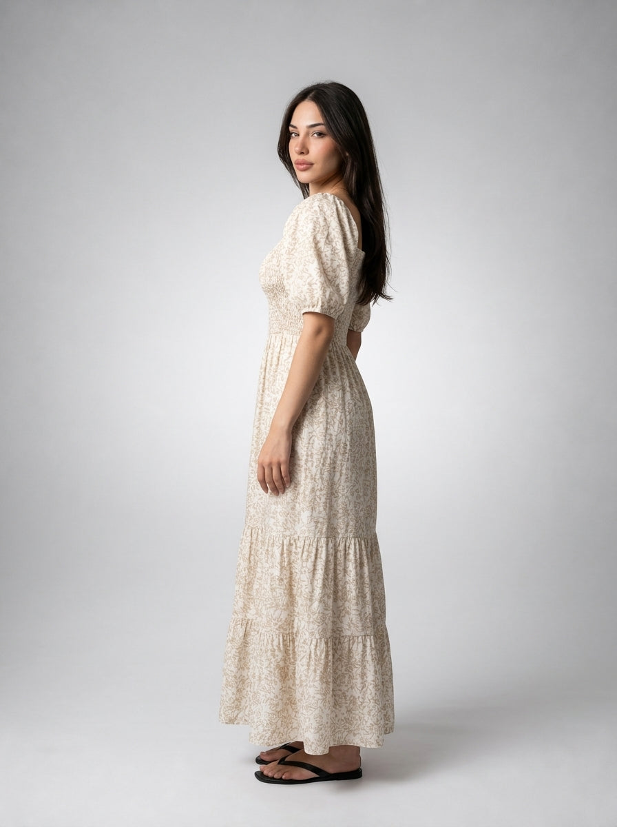 Talia Floral Sweetheart Flutter Sleeve Tiered Maxi Dress in Beige