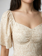 Talia Floral Sweetheart Flutter Sleeve Tiered Maxi Dress in Beige