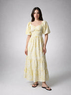 Talia Floral Sweetheart Flutter Sleeve Tiered Maxi Dress in Yellow