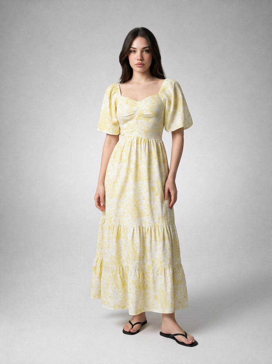 Talia Floral Sweetheart Flutter Sleeve Tiered Maxi Dress in Yellow
