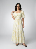 Talia Floral Sweetheart Flutter Sleeve Tiered Maxi Dress in Yellow