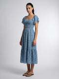 Linnea Floral Square Neck Puff Sleeve Tiered Midi Dress in Blue
