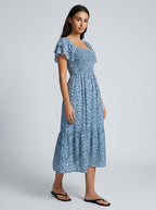 Linnea Floral Square Neck Puff Sleeve Tiered Midi Dress in Blue