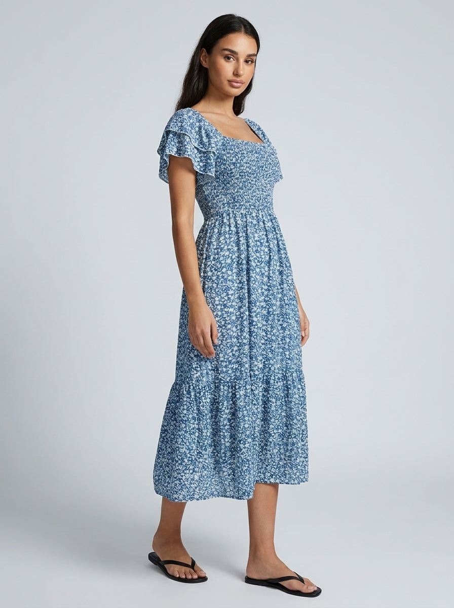 Linnea Floral Square Neck Puff Sleeve Tiered Midi Dress in Blue