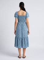 Linnea Floral Square Neck Puff Sleeve Tiered Midi Dress in Blue