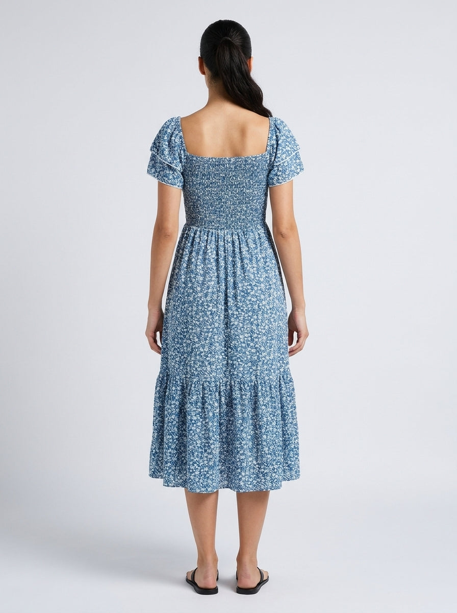 Linnea Floral Square Neck Puff Sleeve Tiered Midi Dress in Blue