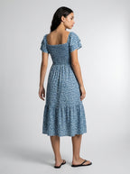 Linnea Floral Square Neck Puff Sleeve Tiered Midi Dress in Blue