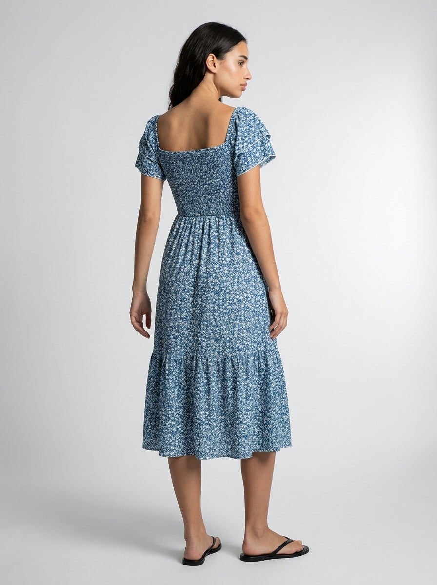 Linnea Floral Square Neck Puff Sleeve Tiered Midi Dress in Blue