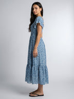 Linnea Floral Square Neck Puff Sleeve Tiered Midi Dress in Blue