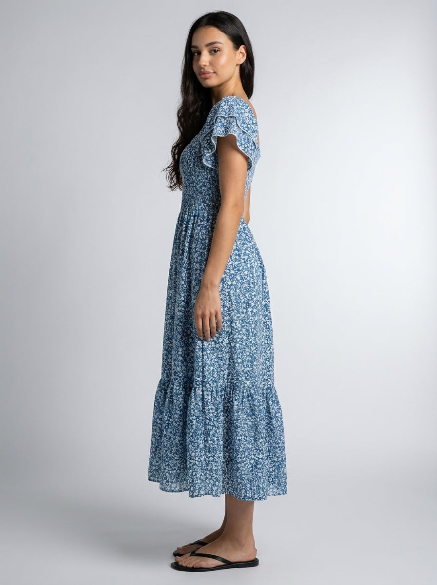 Linnea Floral Square Neck Puff Sleeve Tiered Midi Dress in Blue