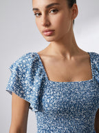 Linnea Floral Square Neck Puff Sleeve Tiered Midi Dress in Blue