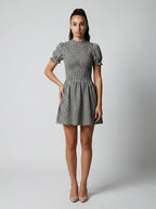 Colette Gingham Mock Neck Puff Sleeve Mini Dress in Black