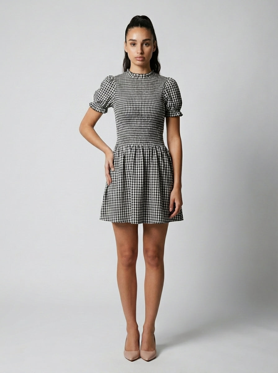 Colette Gingham Mock Neck Puff Sleeve Mini Dress in Black
