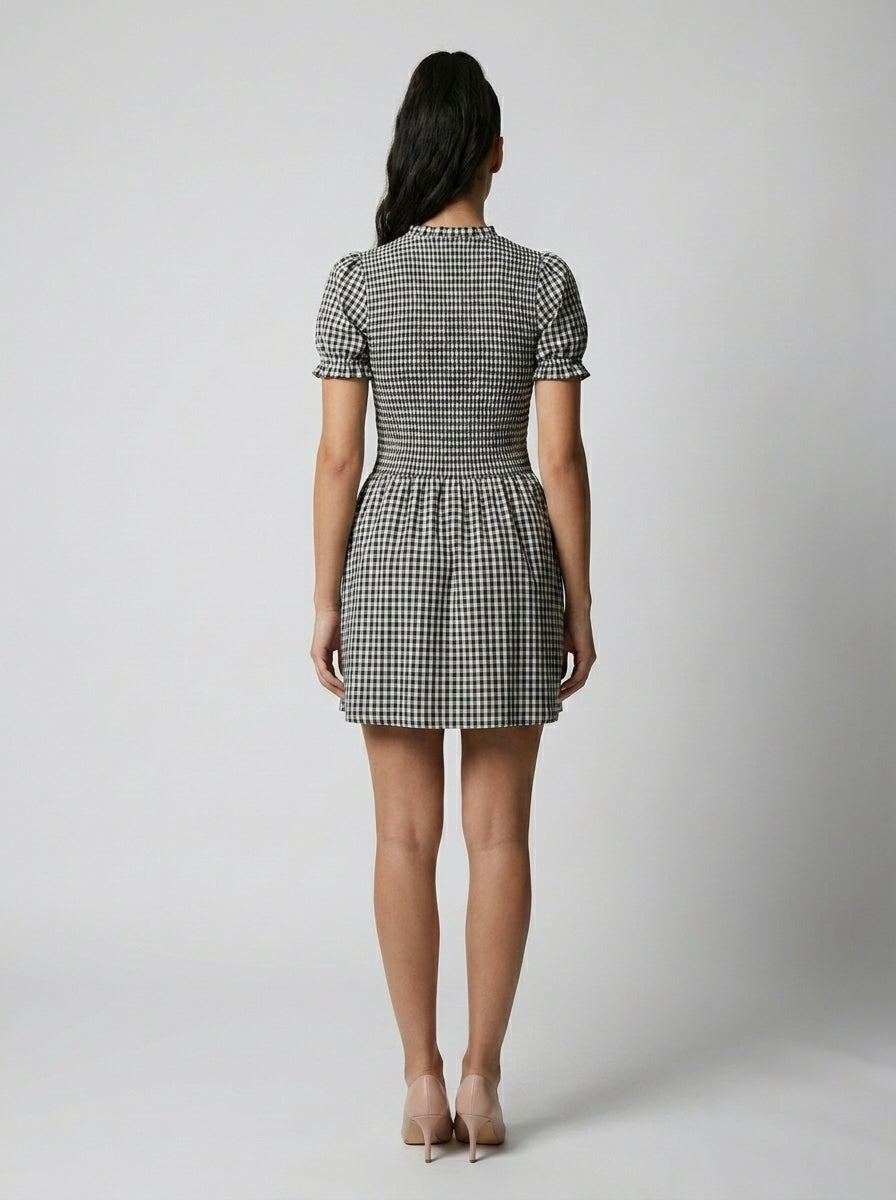 Colette Gingham Mock Neck Puff Sleeve Mini Dress in Black