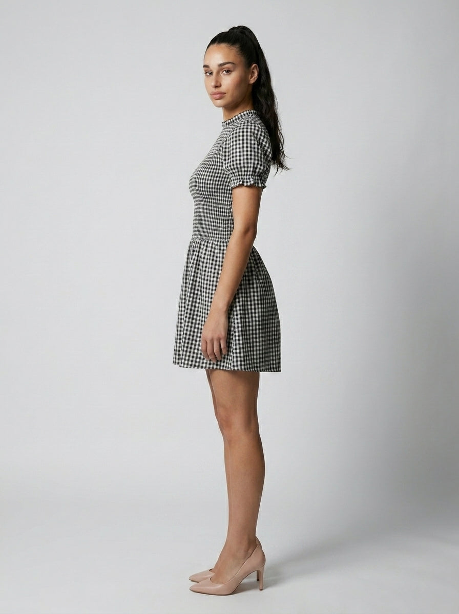 Colette Gingham Mock Neck Puff Sleeve Mini Dress in Black