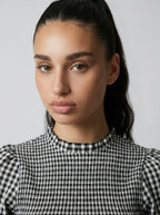Colette Gingham Mock Neck Puff Sleeve Mini Dress in Black