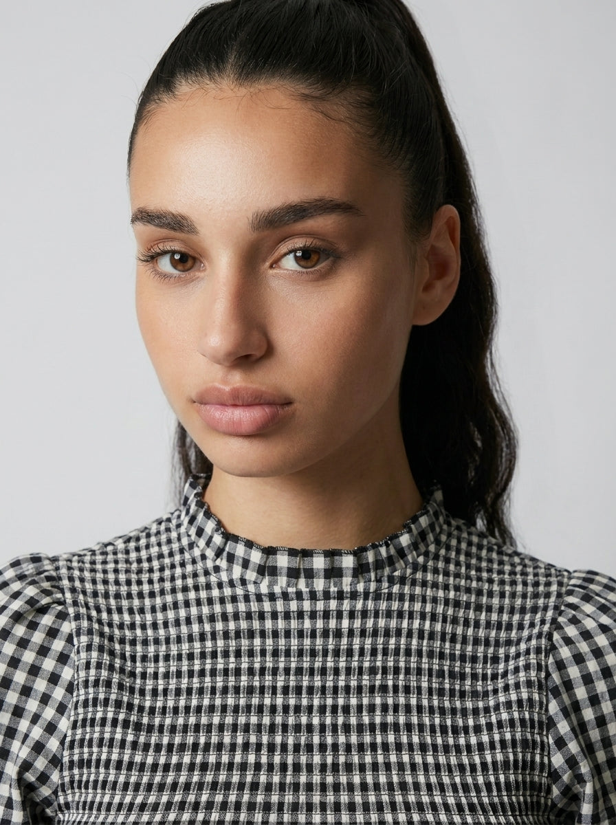 Colette Gingham Mock Neck Puff Sleeve Mini Dress in Black