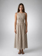Fabienne Gingham Round Neck Sleeveless A Line Midi Dress in Brown