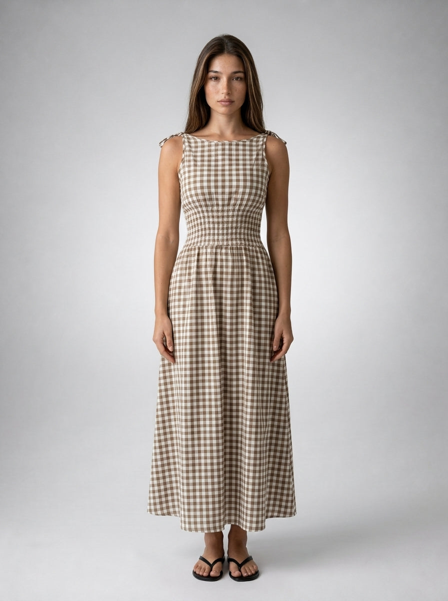 Fabienne Gingham Round Neck Sleeveless A Line Midi Dress in Brown