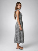 Fabienne Gingham Round Neck Sleeveless A Line Midi Dress in Black