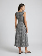 Fabienne Gingham Round Neck Sleeveless A Line Midi Dress in Black