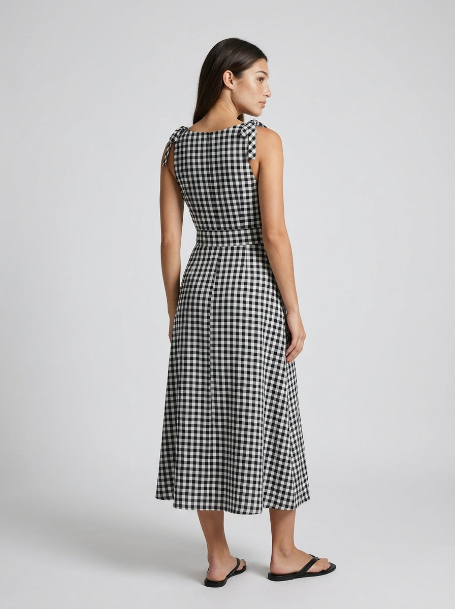 Fabienne Gingham Round Neck Sleeveless A Line Midi Dress in Black