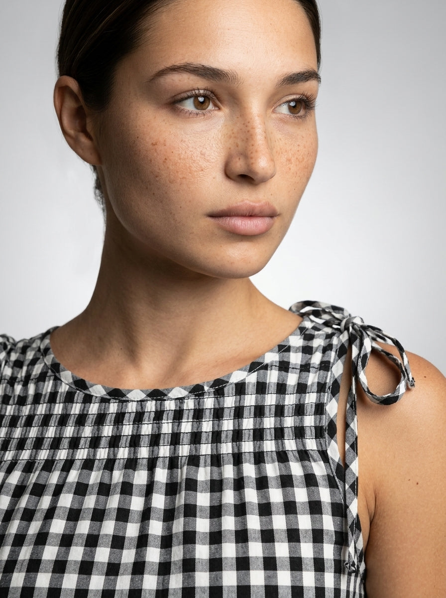 Fabienne Gingham Round Neck Sleeveless A Line Midi Dress in Black