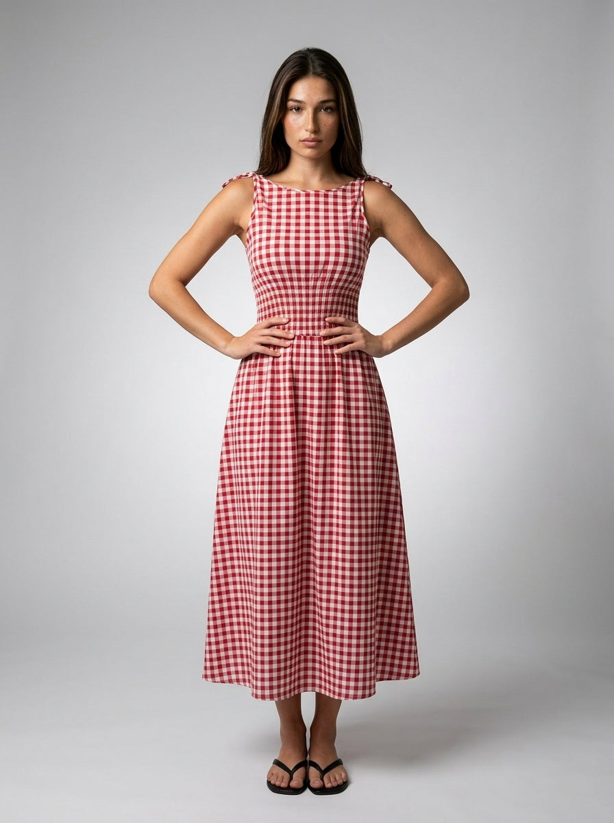 Fabienne Gingham Round Neck Sleeveless A Line Midi Dress in Red