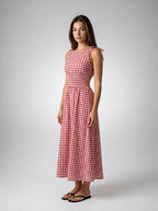 Fabienne Gingham Round Neck Sleeveless A Line Midi Dress in Red